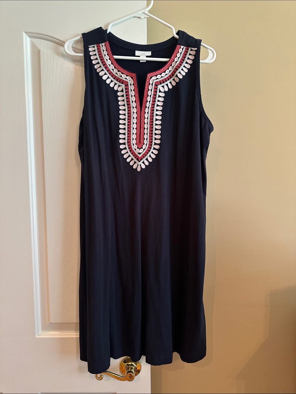 J Jill Navy Sleeveless Dress with Pink & White Embroidered Neckline LP